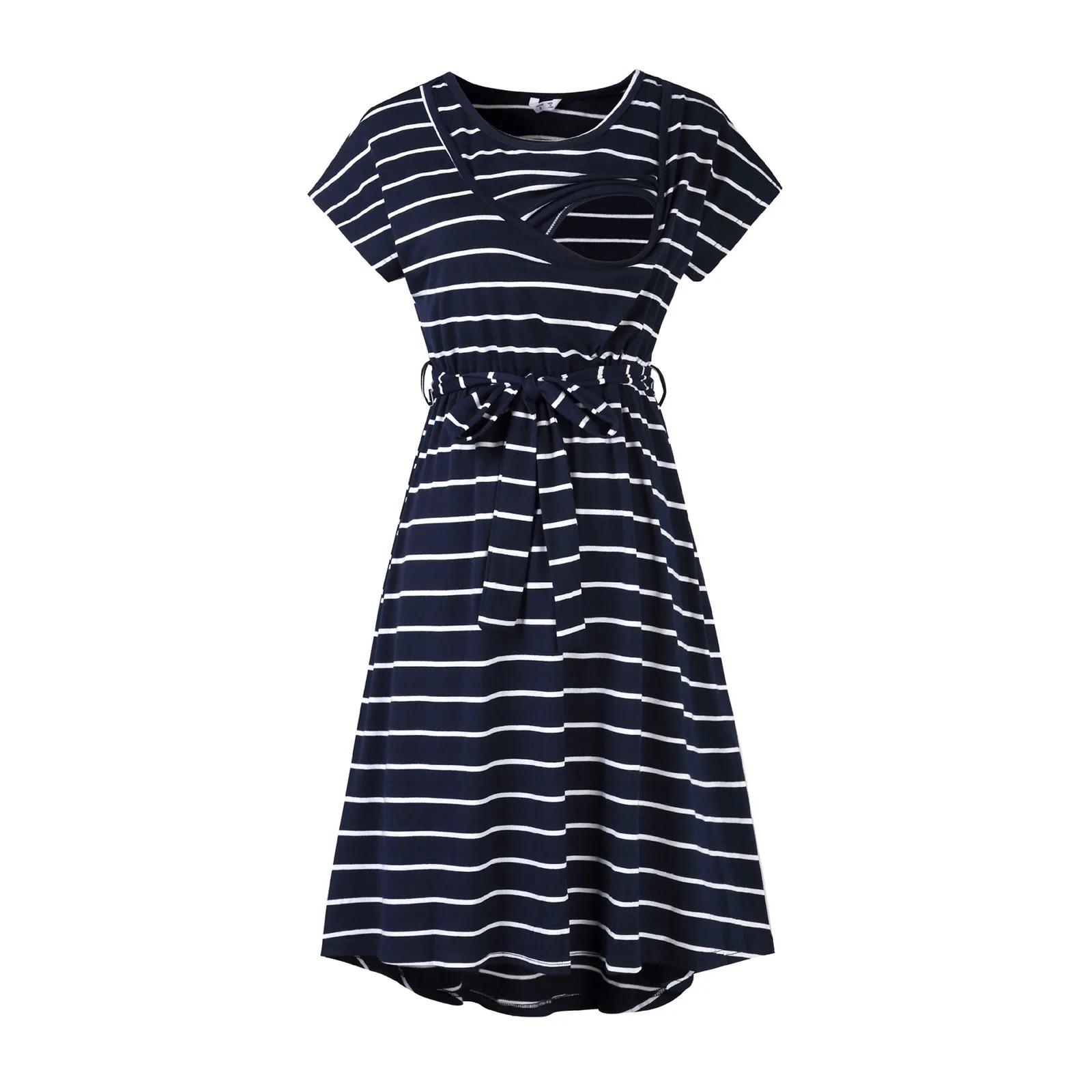 Womens Maternity Summer Short Sleeve Striped Print Dress Breastfeeding Belt Dress for Women Photography