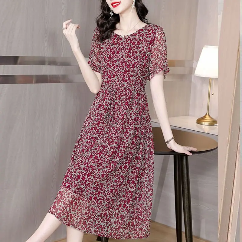 

Summer New Women's Crew Neck Tie Up with Printed Spliced Casual Loose Appear Thin Short Sleeve High End Elegant Chiffon Dress