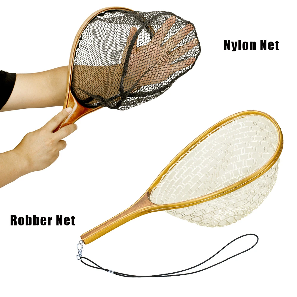 Fly Fishing Landing Nets Wooden Handle Rubber/Nylon Landing Handle