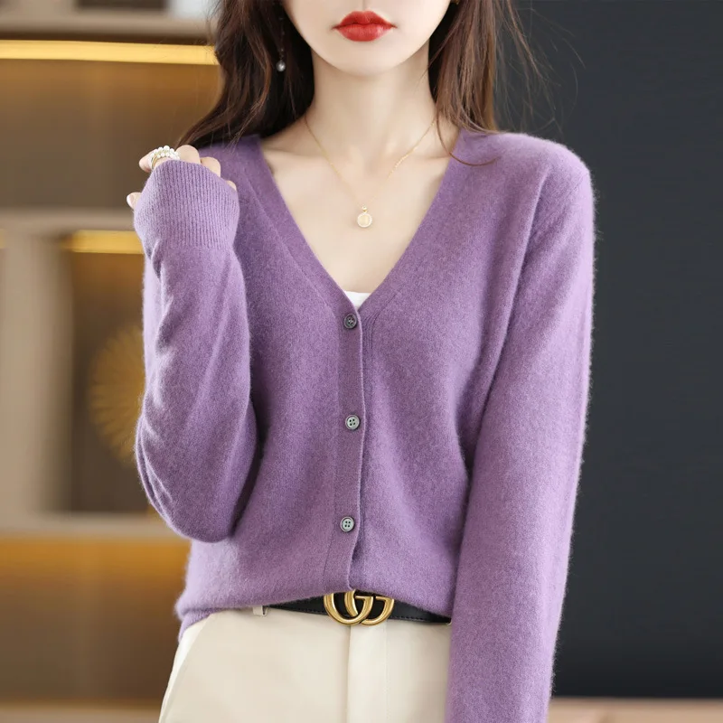 

Woolen sweater for women new loose V-neck solid color top knitted warm cardigan sweater jacket autumn winter 2023