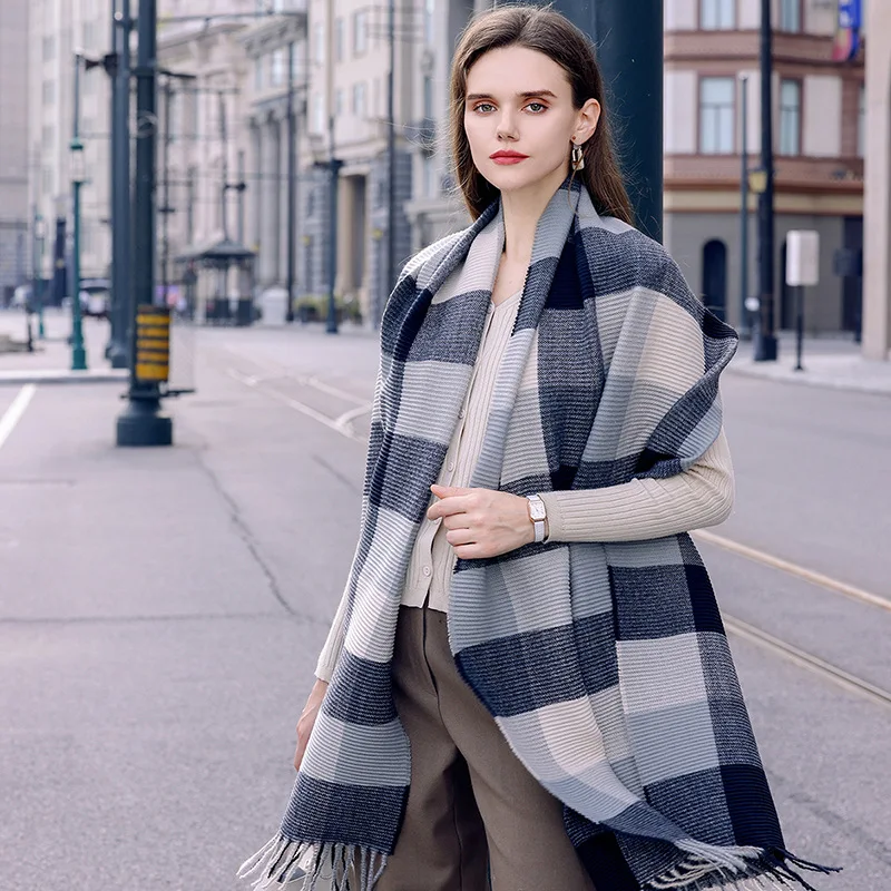 Fashion Versatile Pleated Plaid Pattern Women's Scarf Trend Student Style Imitation Cashmere Warm Neck Clothing Accessories Gift