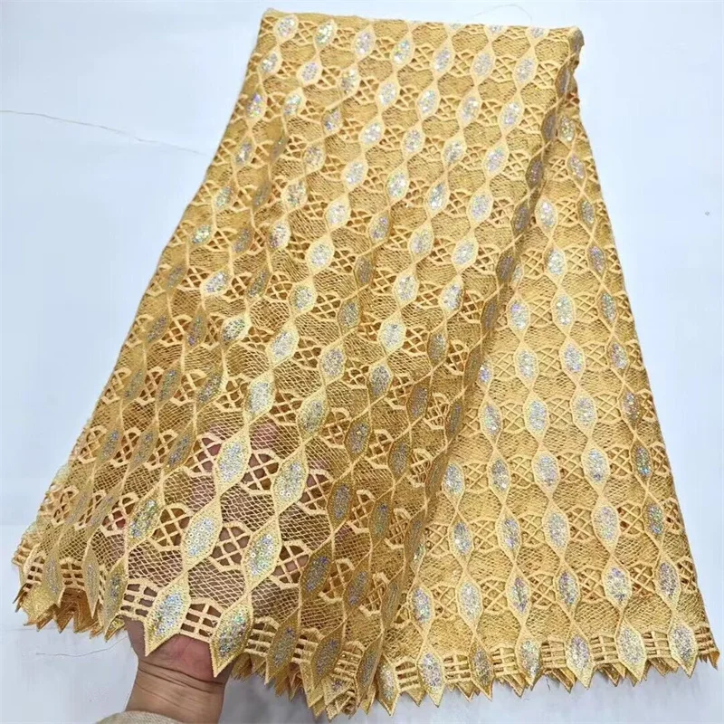 

Африканский гипюр, кружевная ткань с блестками, 2024 желтая Высококачественная африканская Водорастворимая кружевная ткань для женщин, вышивка