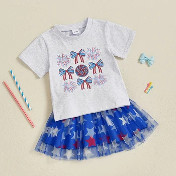 Girls Independence Day Skirt Set with Short Sleeve Bow Letter Print Tops and A-line Tulle Skirt for 4th of July 1
