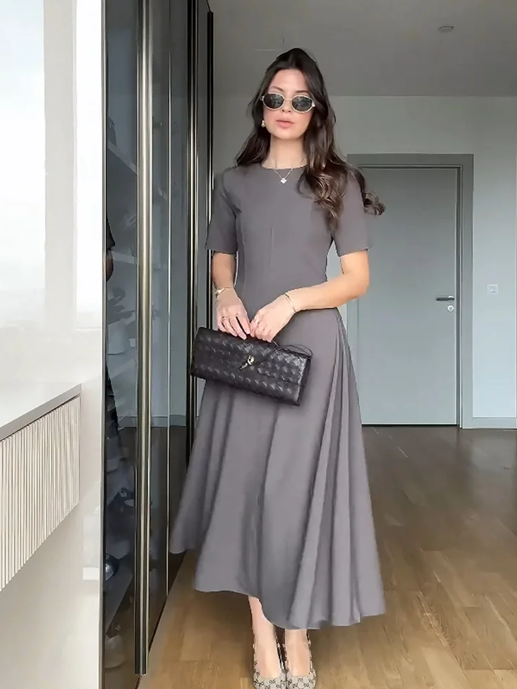 فستان RARA نسائي طويل رمادي برقبة دائرية وأكمام قص...