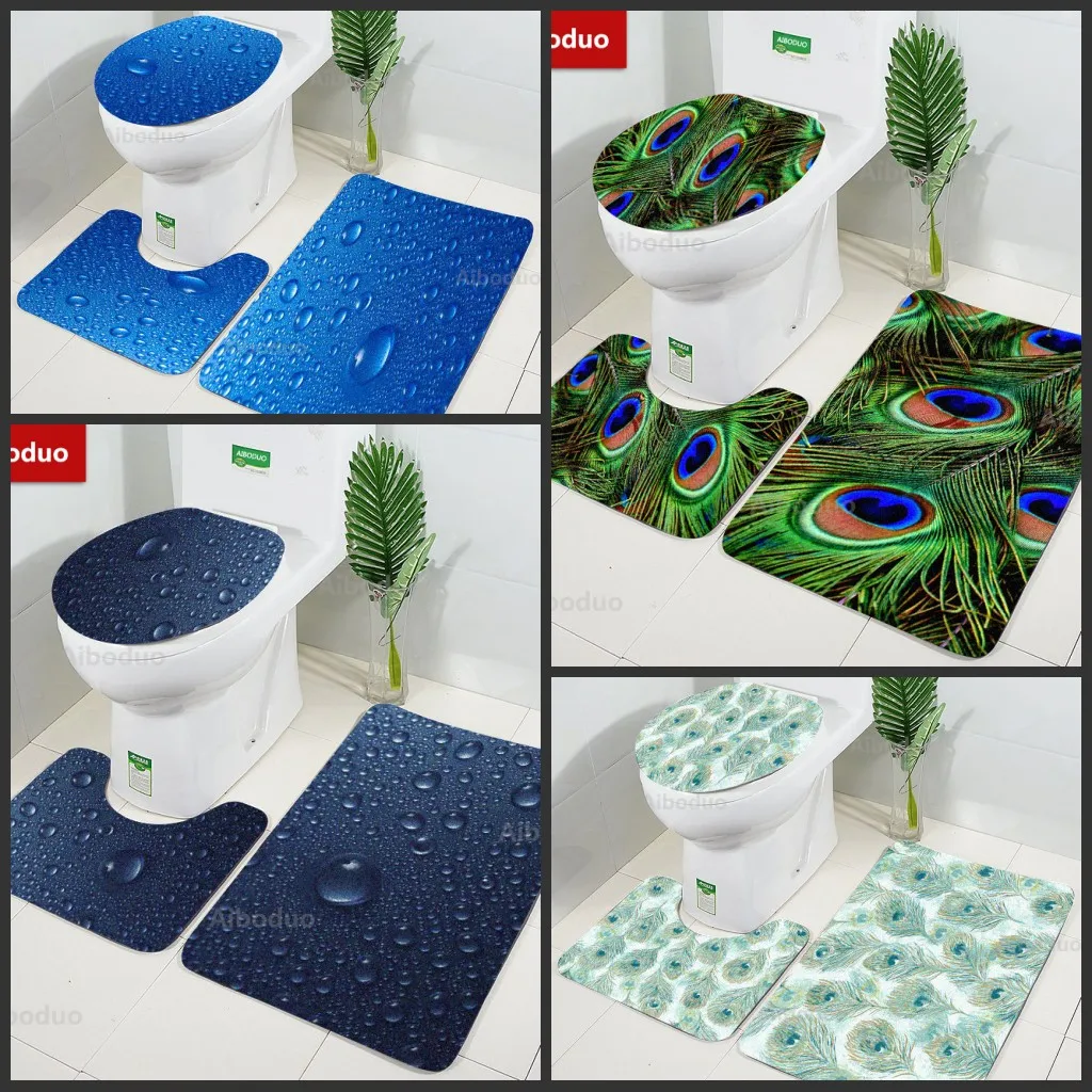 Water Drop Feather 3 Pcs Set Bath Mat Toilet Seat Cover Toilet Mat
