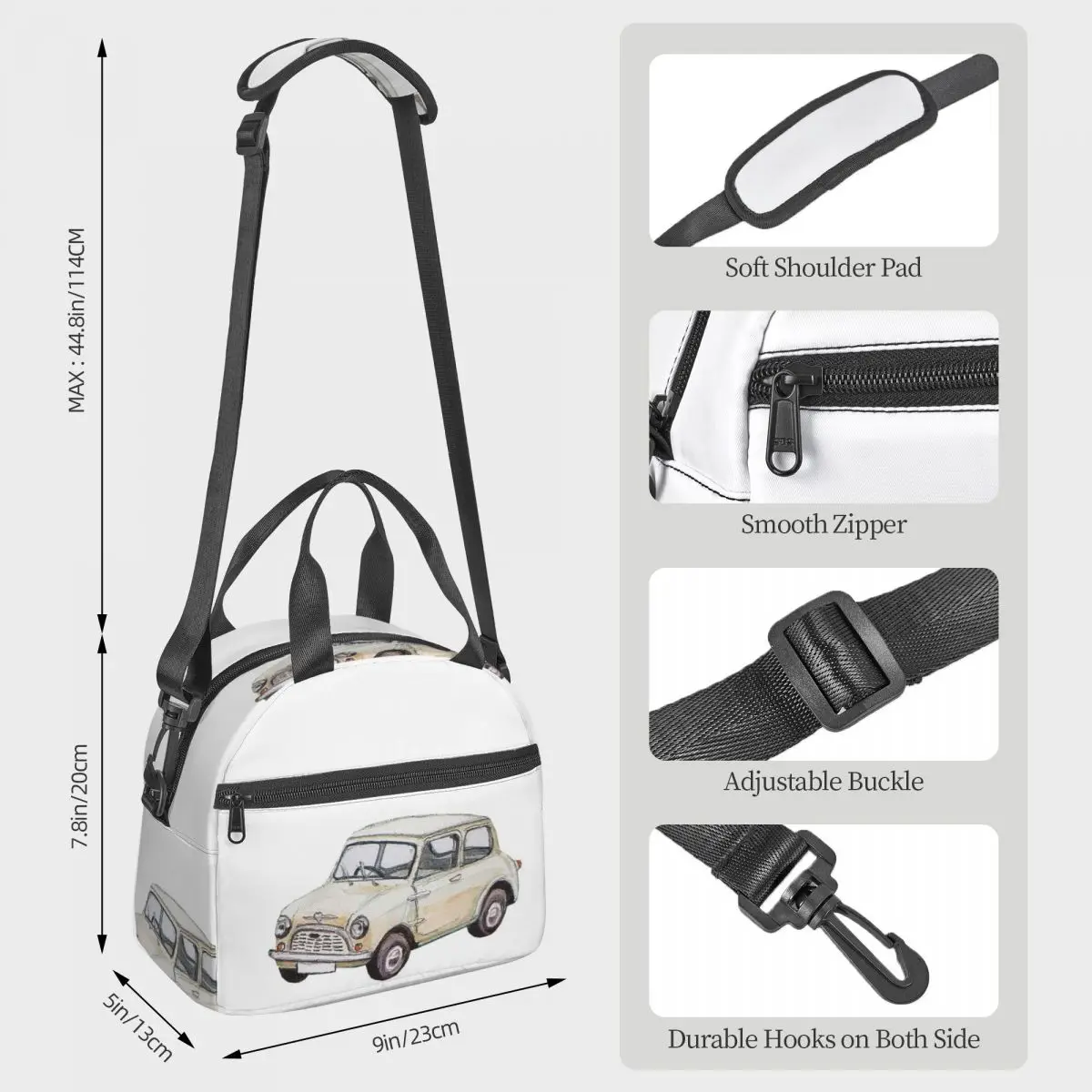 Classic White Mini Cooper In Watercolor Style Lunch Bags Bento Box Resuable Lunch Tote Picnic Bags Thermal Bag for Woman Work
