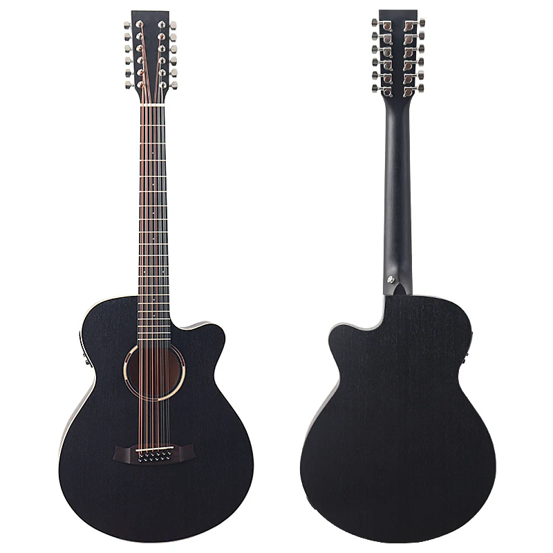 Acoustic Electric Guitar Acoustic Guitar Black 12 String Electric Acoustic Guitar Cutaway Design 40 Inch Full Sapele Body Matte Folk Guitar