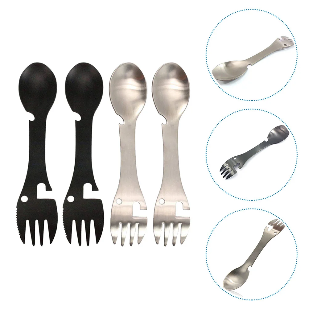 

4 Pcs Camping Eating Utensils Fork Spoon Outdoor Tableware Multi-purpose Bottle Openers Flatware