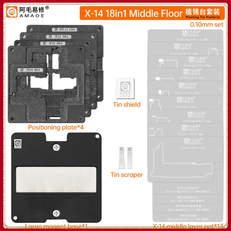 

AMAOE IPX-14 18 IN 1 Middle Layer Reballing Fixture Stencil Station Kits for IPhone X XS XSMAX 11 12 13 14 Series Pro/Max Mini