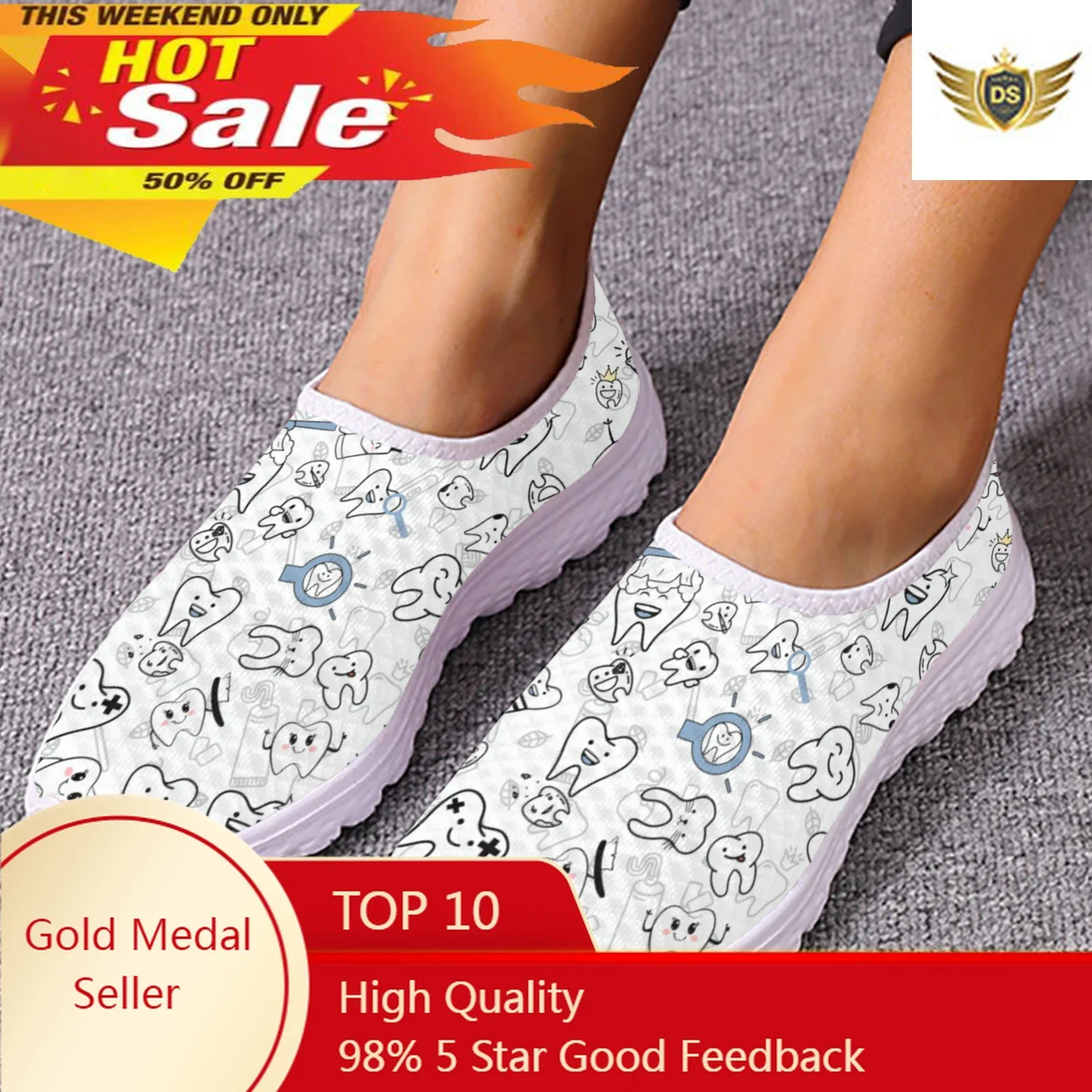 Ladies White Cartoon Teeth Print Summer Breathable Mesh Shoes Casual Comfortable Loafers Medical Zapatos Planos
