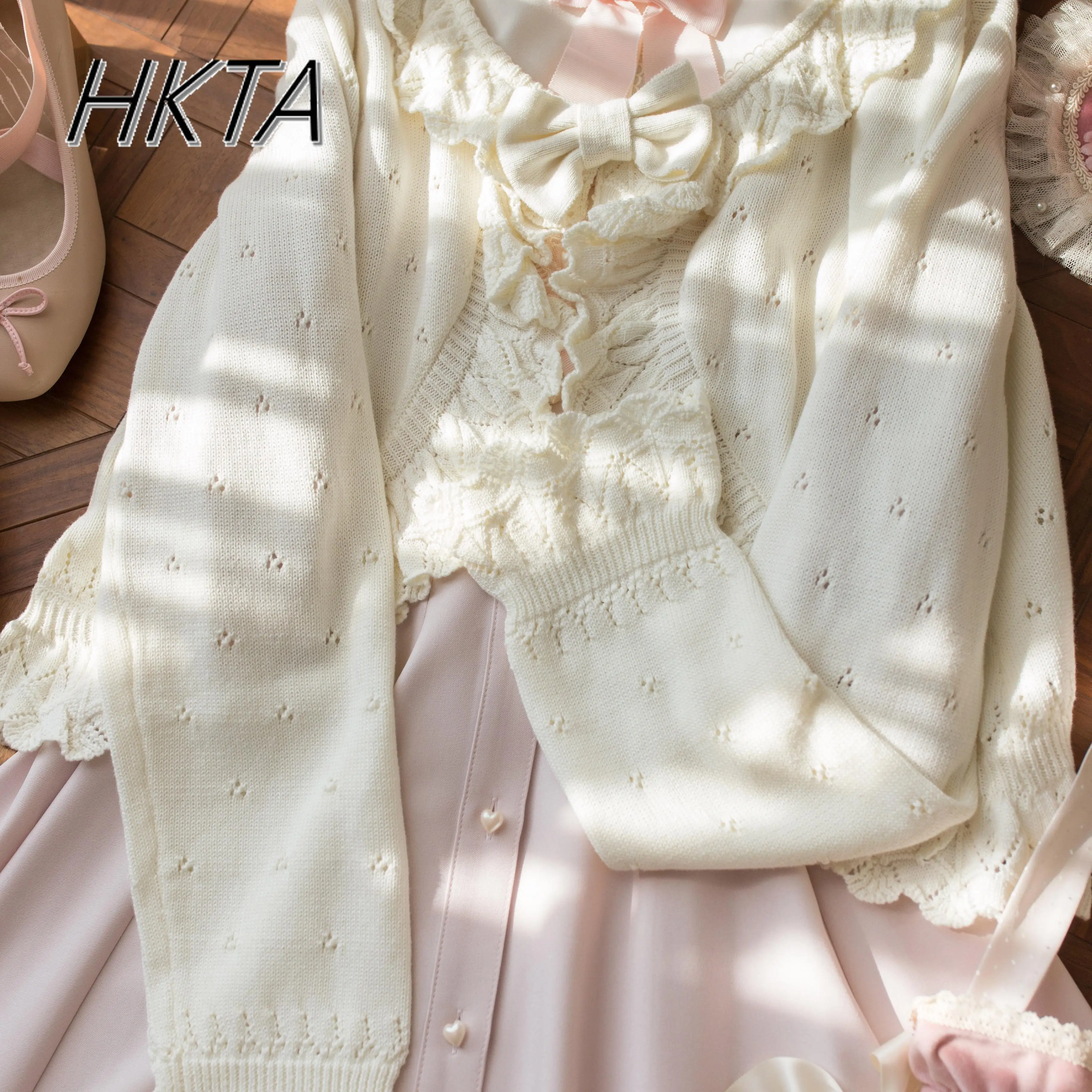 Kawaii Cute Lolita Sweater Cardigan 2025 Spring New Knitted Sweater Soft Girl Sweet Bow Ruffle Edge Long-sleeve Sweaters Jacket 5