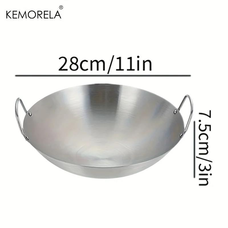1 peça wok de aço inoxidável sem revestimento 26/28/30/32/34cm panela de chef de alça dupla de alta qualidade adequada para cozinhar carne frita caseira 10