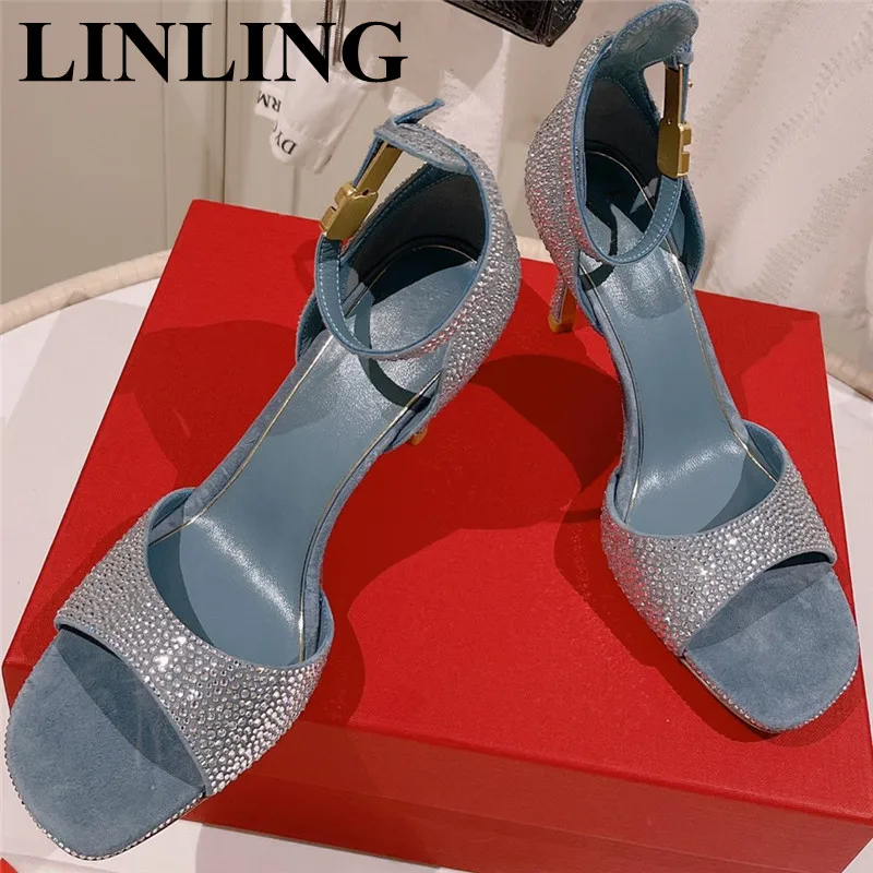 

Summer Ladies Crystal Rhinestone Wedding Party Shoes Sandals Luxury Designer Ankle Strap High Heels Sandals Fashion Women Shoes