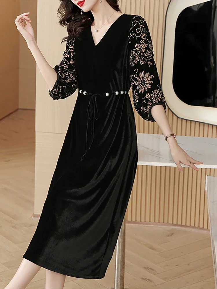 Korean Black Velvet Chic Hook Flower Hollow Luxury Evening Dress for Women  2024 Autumn Winter Long Sleeve Elegant Party Vestidos - AliExpress