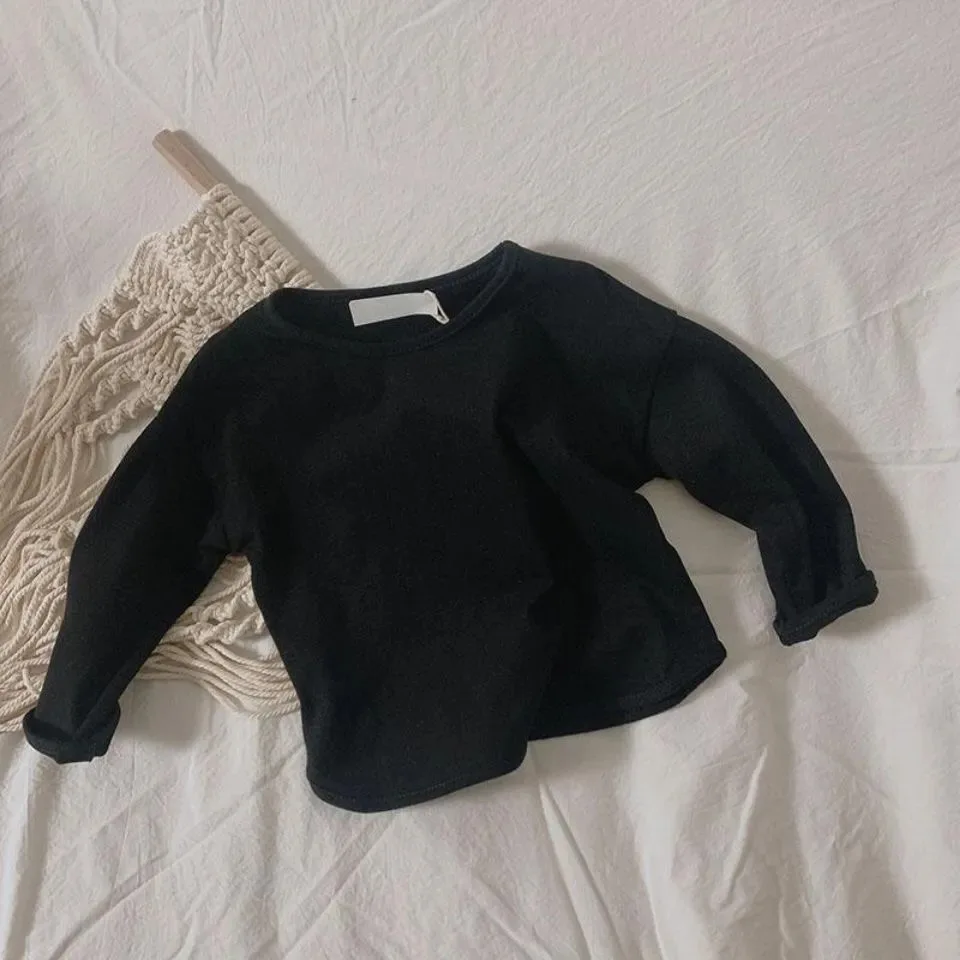 가을 겨울 남아 여아 솔리드 긴팔 보터밍 셔츠, 아이 루즈 티셔츠, 레트로 베이비 코튼 탑, 캐주얼 티