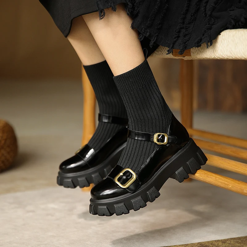 

Autumn and winter Women mid-calf boots natural leather 22-25cm cowhide buckle Colorblock Buckle Sole Sock Booties skinny boots