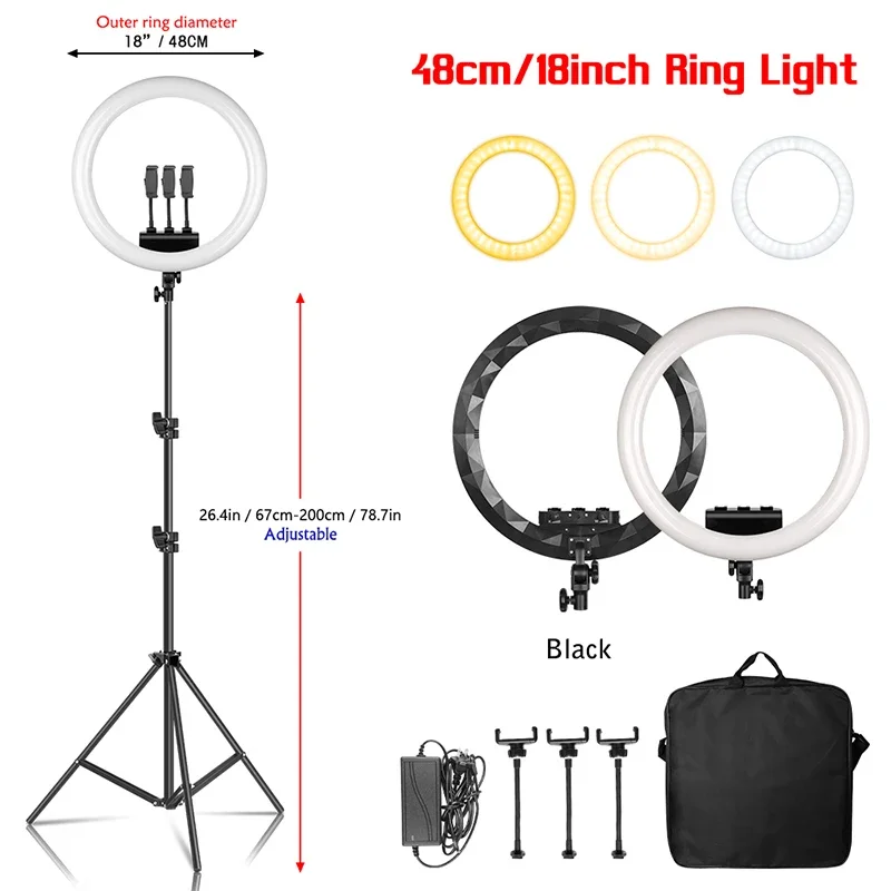 Bamled ringlamp met statief (verstelbaar) incl telefoonhouder en bluetooth afstandsbediening - 26 cm-10 inch -186 cm hoog - usb - tiktok - ringlight - flitser - ring lamp - vlog - make-up