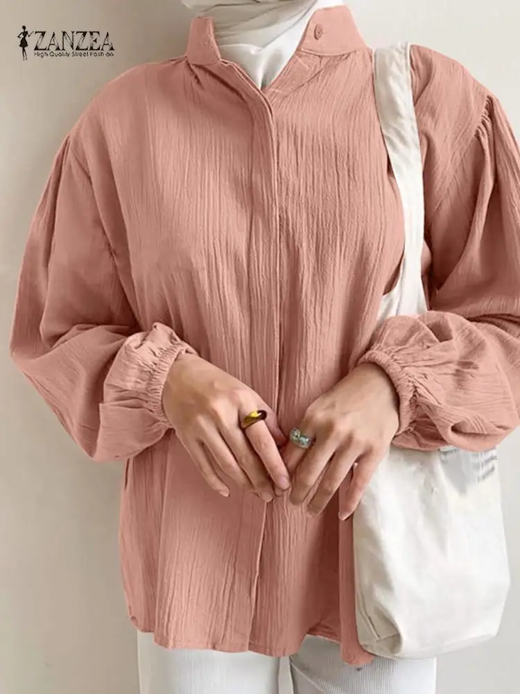

2023 ZANZEA Muslim Fashion Tops Woman Puff Sleeve O-Neck Tunic Blouse Female Elegant Loose Shirt Vintage Party Chemise Oversize