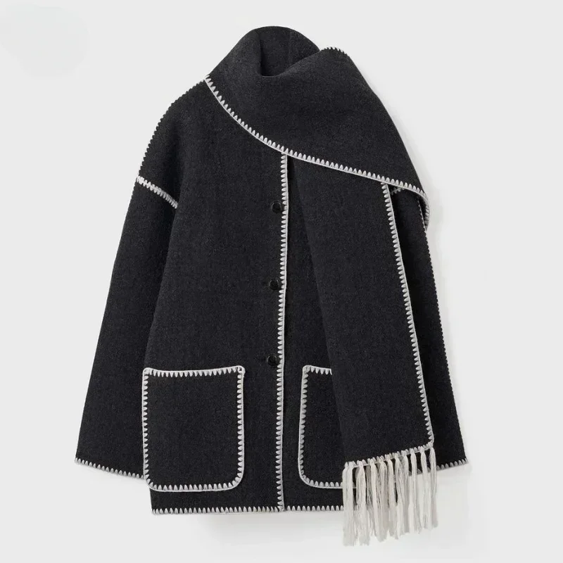 

Women Fashion Faux Woolen Overcoat Scarf Elegant Loose Jackets Winter Clothes Pocket Single Breasted Coats Autumn Streetwear