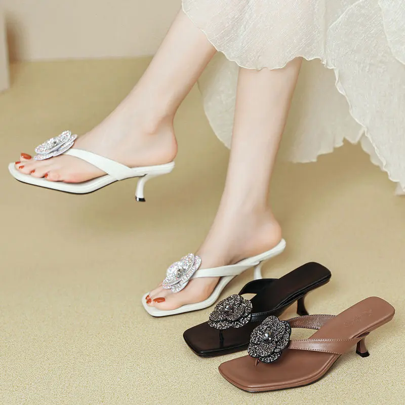 Ladies Crystal Flower Flipflops Thong Clip Toe Sandals Women Kitten High Heel Shoes Wedges Beach Slides Femme Slingback Slippers