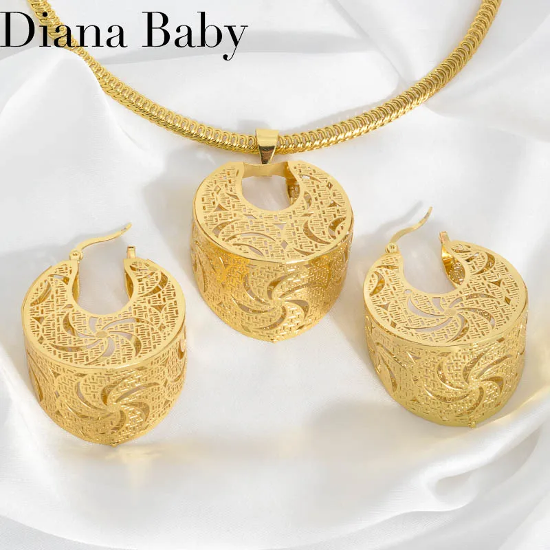 

Luxury Dubai Jewelry Set For Women Gold Color Hollow Out Drop Earrings Choker Collar Necklace African Wedding Party Gifts