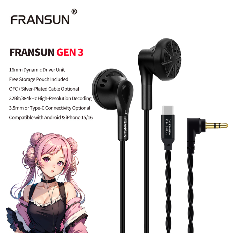 Fransun Gen 3 YD900 Flat Head 16mm Dynamic Earphone HiFi Earbud 3.5mm Type-C In Ear Headphones for Android/Xiaomi/iPhone 15 16