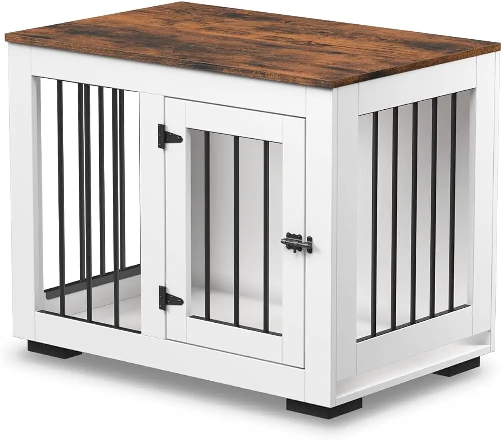 

White Dog Crate Furniture for Medium Dogs Up to 40 lbs. - Decorative Puppy Kennel w/Wide Farmhouse Table Top & Steel Bar