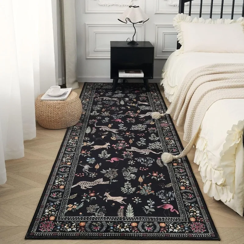Retro Light Luxury Runner Rug Animal Plant Flower Print Corridor Carpet Machine Washable Non-slip Bedside Floor Mats 러그 Alfombra
