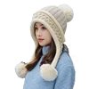 Women Winter Peruvian Cover Ears Beanie Hat Ear Flaps Sherpa Ski Snow Hats Knit Fleece Lined 3 Pom Pom