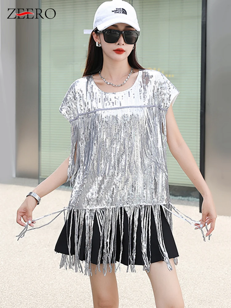

Женский подиумный серебристый костюм с бахромой, Женский костюм для джазовых танцев, футболки, уличная одежда, футболка для выступлений в стиле хип-хоп, топы