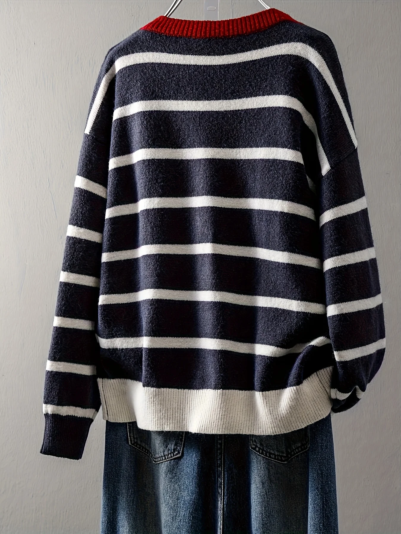 Women's Striped Button Front Cardigan, Cute Heart Pattern Knit Coat, Casual Fashion Outwear