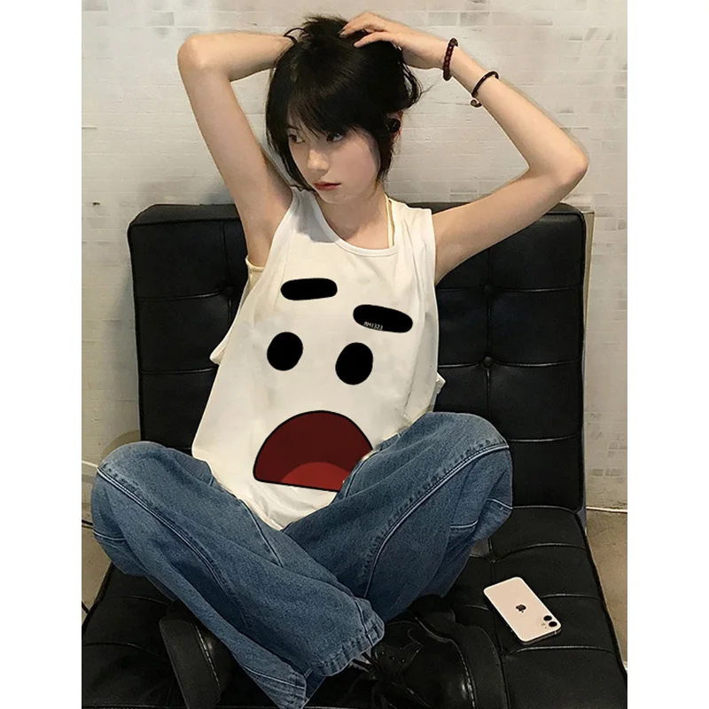 

Korean Cartoon Cute Sports Undershirt Female Summer Loose Round Neck Long Tops Ladies Youth Summer Sportswear Sleeveless T-shirt