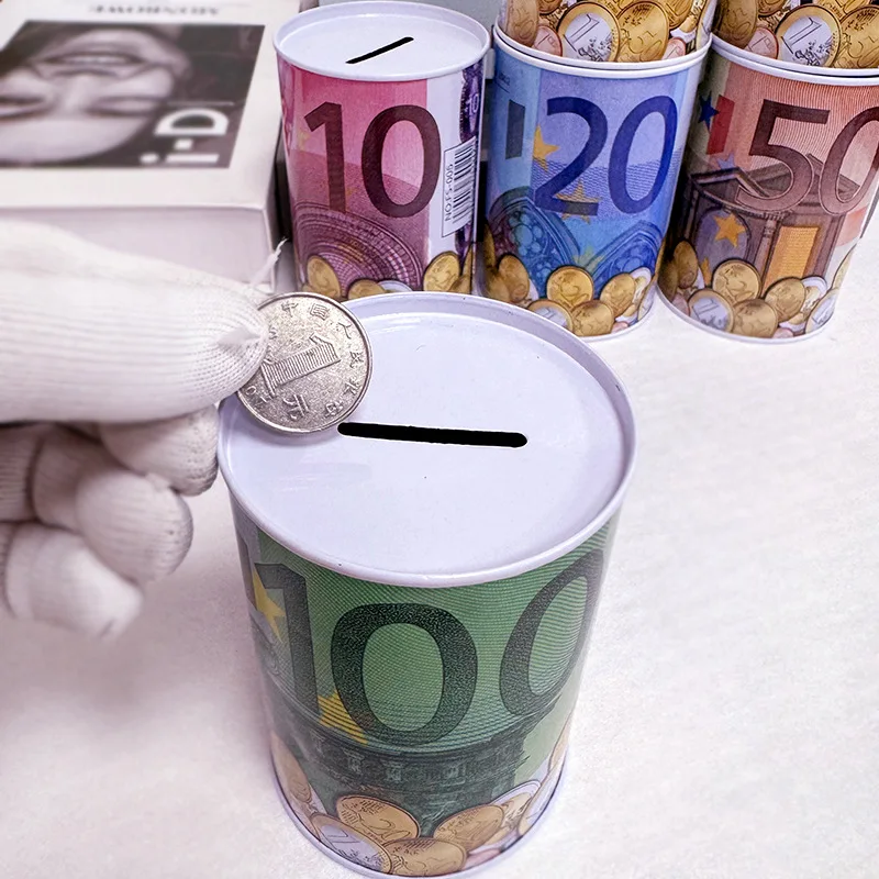 Description Picture 4 of itemCreative Tinplate Cylinder Piggy Bank Euro Dollar Picture Box Household Saving Money Box Home Decoration Money Boxes
