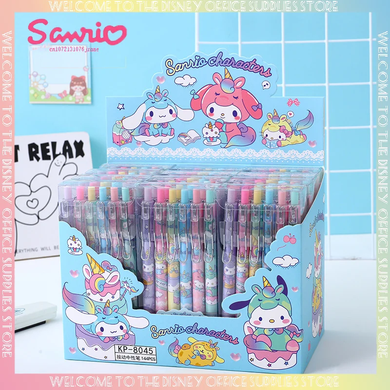 

144pcs Cartoon Sanrio Hellokitty Metal Hook Press Gel Pen Cinnamoroll Kuromi Melody Signature Pen Stationery Wholesale