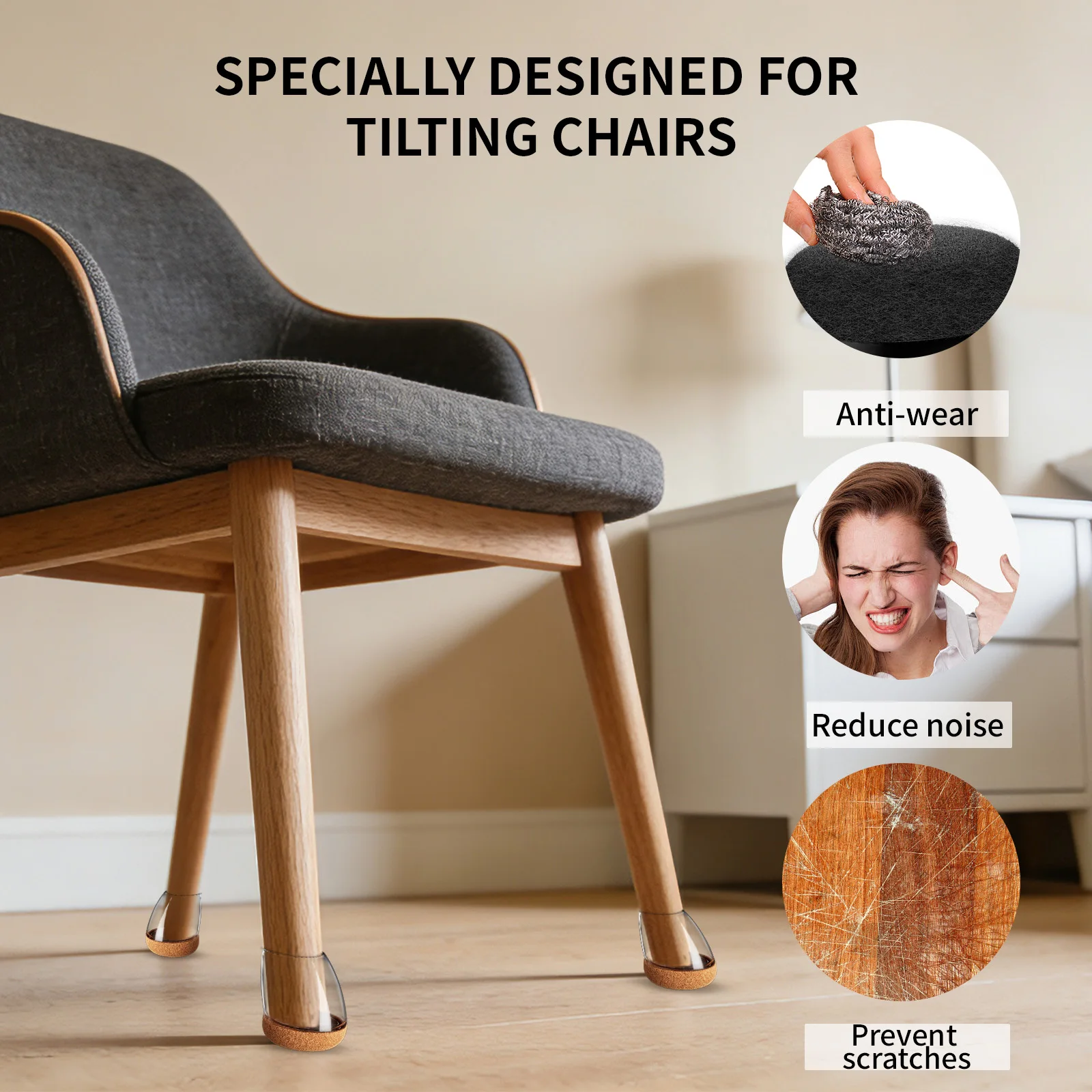 Enhanced Silicone Chair Leg Protectors with Noise-Reducing Felt Pads for Angled Legs (16-Pack)