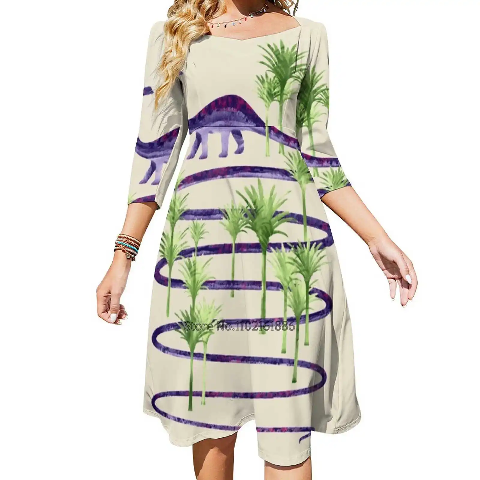 Dinosaur Beauty Back Lacing Backless Dress Square Neck Dress Sweet Elegant Dress Dinosaur Trex Monster Acquerello Jungle Palm