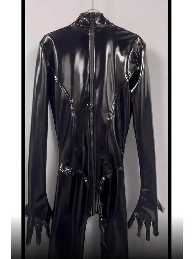 Wet Look PVC Catsuit Shiny PU Leather Cosplay Fingers Pantyhose Bodystocking Tights Sexy Open Crotch Bodysuit Clubwear Conjoined 4