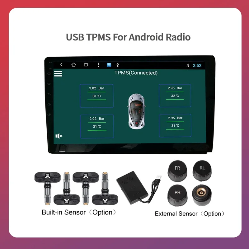 Car Radio Display Alarm Smart USB Android Wireless TPMS Tire Pressure Monitoring System 5V Internal External for Navigation