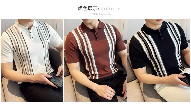 Description Picture 3 of itemMen's Business Casual Pullover 2024 High Quality, Vintage Stripe Stretch Polo Shirt Slim Fit Men's Turn-down Collar Short Sleeve