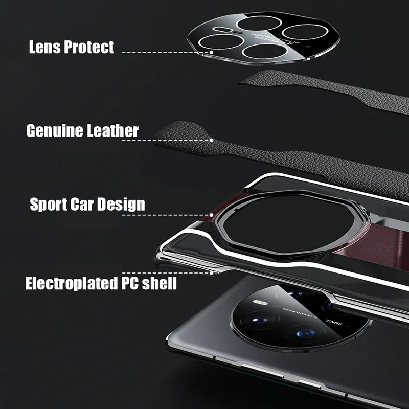 Fashion Sport Car Genuine Leather PC Hard Back Cover Case for HUAWEI Mate 60 50 40 30 Pro Plus Honor Magic 3 4 5 Pro