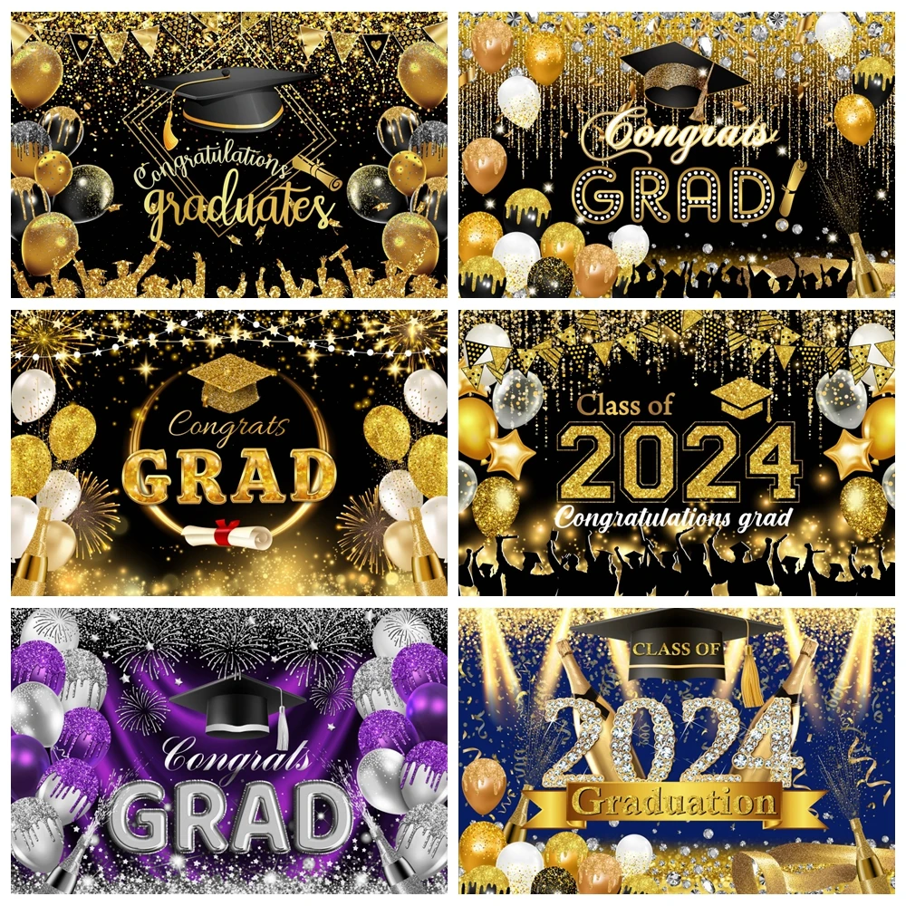2024 Graduation Photography Backdrop Gold Glitter Congrat Grad Class of 2024 Prom Congratulate Graduates Photo Background Decor