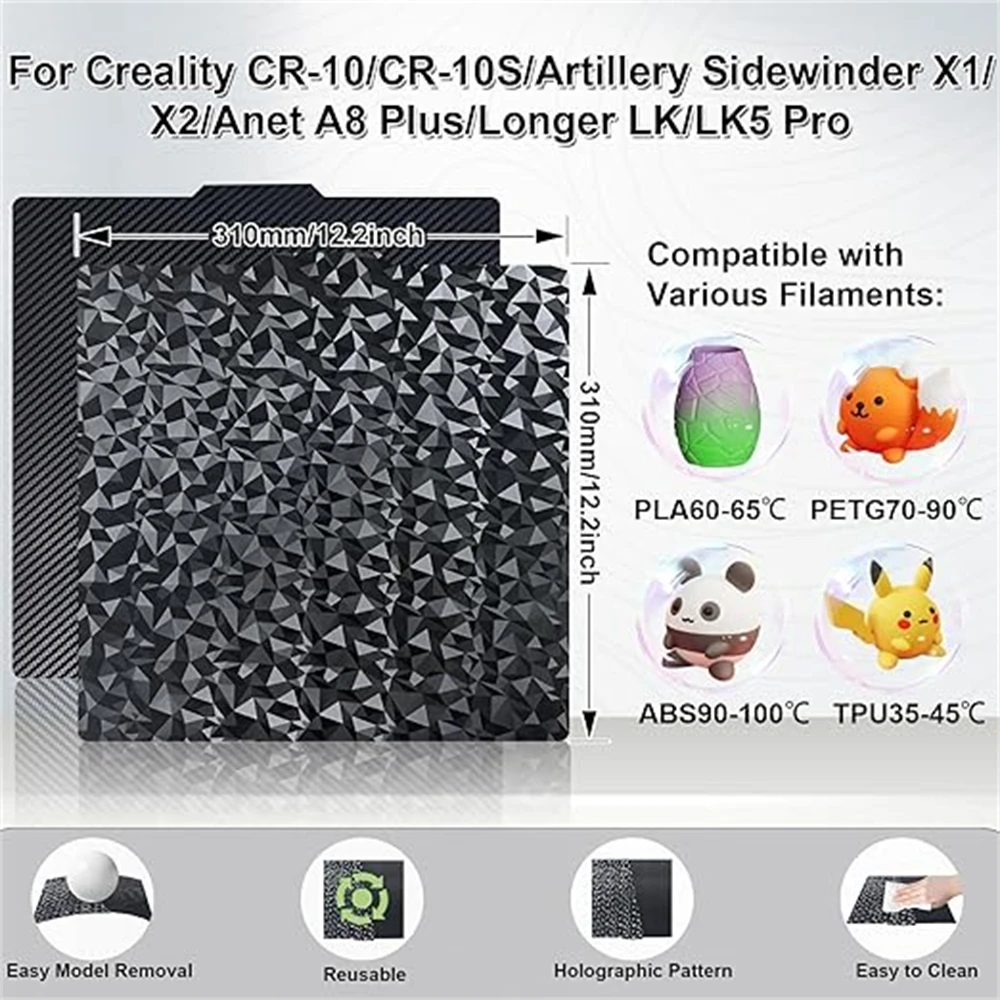 310x310mm Sheet Bed Pei Cr10 310x310 Sheet Heated Bed Magnetic Pei Build Plate Holographic H1H For Artillery Sidewinder X2 3d printer parts 3d printer build plate