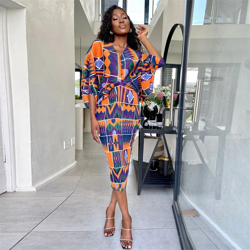 

2023 New African Women Dress Summer Hot Sale V-neck Streetwear Robe Vestidos Bat Sleeve Print Fashion Pleated Dresses 29 Colors