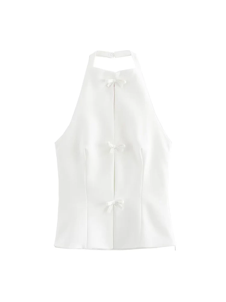 TFMLN Women's Sweet Bow Halter Vest Elegant Solid O-neck Sleeveless Off-shoulder Open Back Vintage Casual Tops Female New