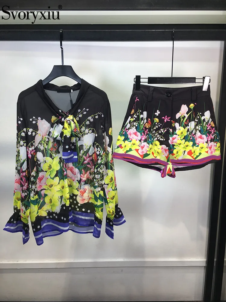 

Svoryxiu Designer Spring Summer Vintage Gorgeous Floral Print Shorts Suit Women's Flare Sleeve Shirt Tops+Regular Waist Shorts