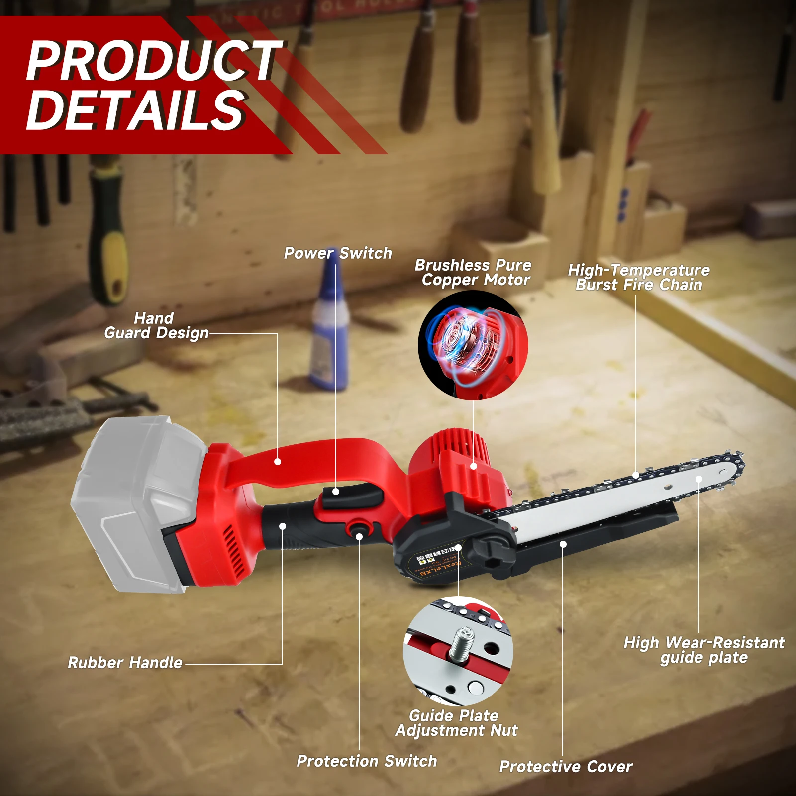 6 Inch 450W Cordless Chainsaw For Milwaukee 18/20V Li-ion Battery Woodworking Garden Tool Mini Handheld Electric Pruning Saw