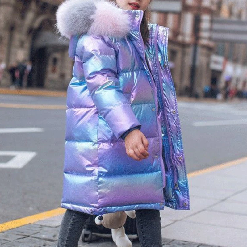 Children Jackets 3-14 Years Old Winter Boys Girls Long Style Hooded Fur Collar Coat