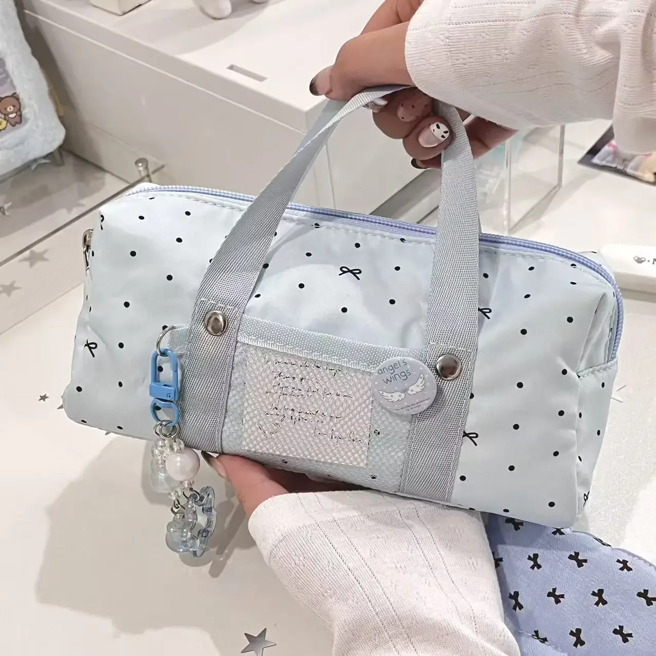 화이트 블루 컬러 스타 폴카 도트 토트 펜슬 케이스, 예쁜 키즈용 대용량 문구 정리함