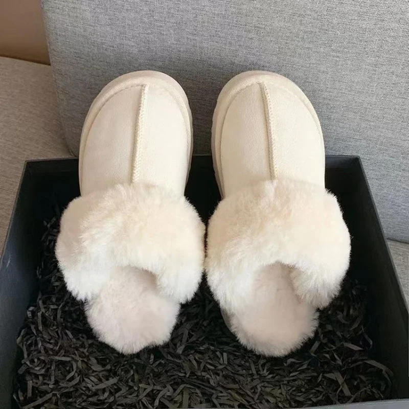 

Cow Suede Basic Med Heel Rubber Women Slippers Fashion Winter Outside Flat with Ladies Shoes Solid Short Plush Women's Slippers