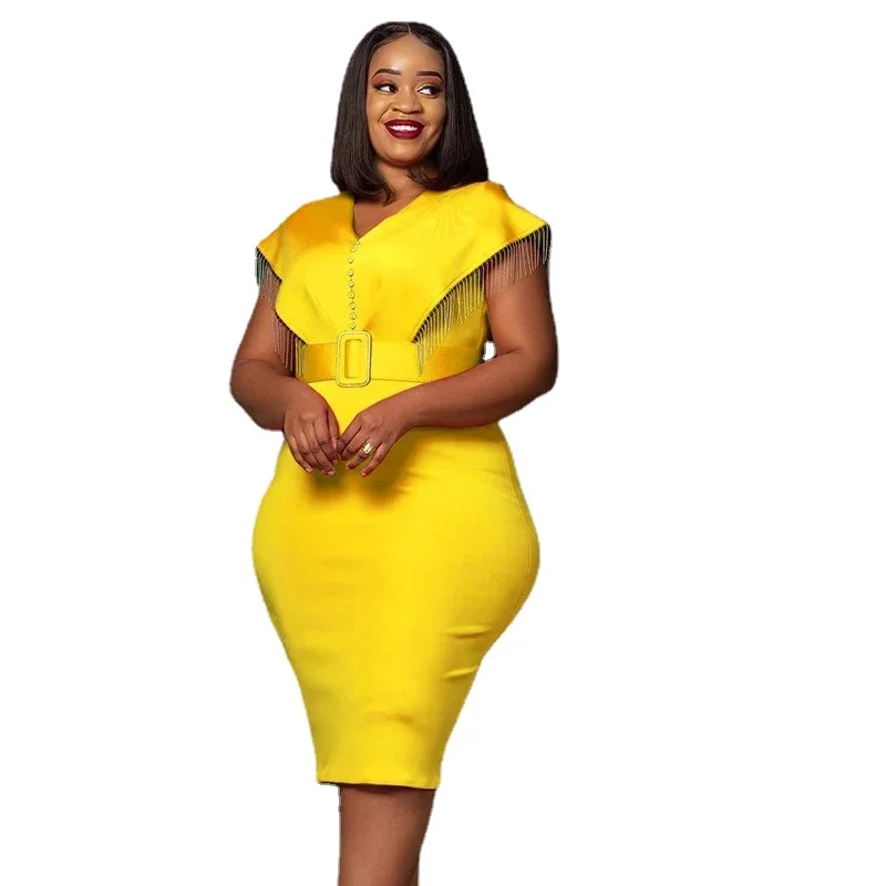 

African Dresses for Women Autumn Elegant African Sleeveless V-neck Purple White Yellow Bodycon Dress Dashiki African Clothing